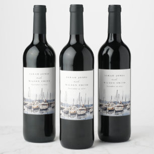 Muted Coastal Boats at Harbor Seascape Wedding Wine Label