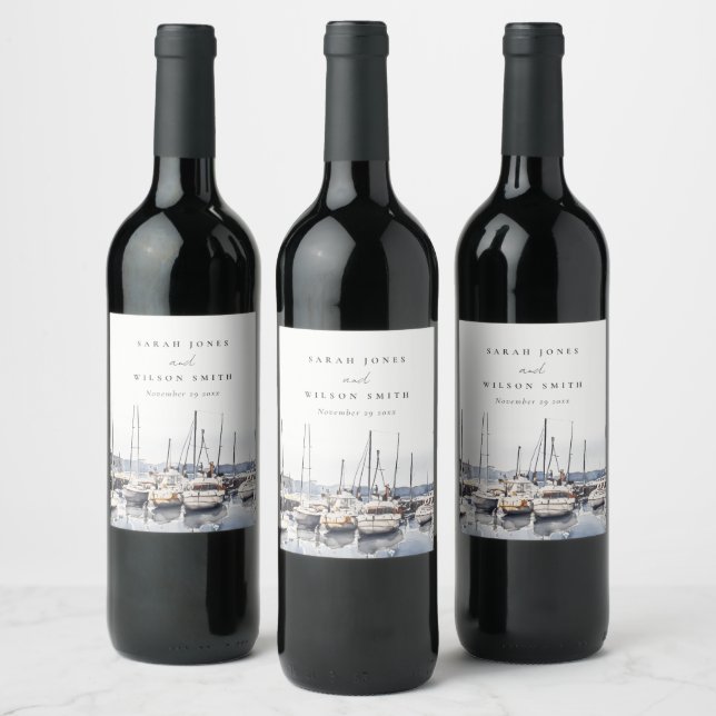 Muted Coastal Boats at Harbor Seascape Wedding Wine Label (Bottles)
