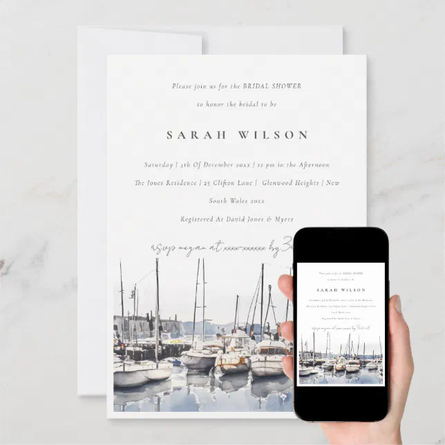 Muted Coastal Harbor Boats Seascape Bridal Shower Invitation Zazzle