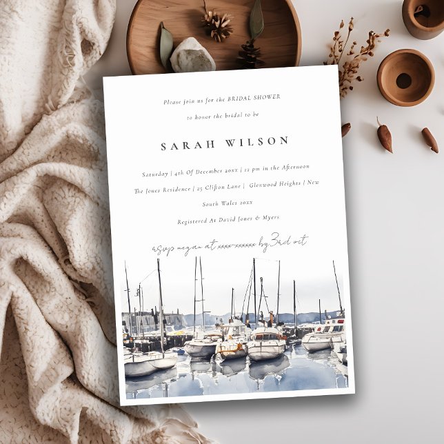 Muted Coastal Harbor Boats Seascape Bridal Shower Invitation (Creator Uploaded)
