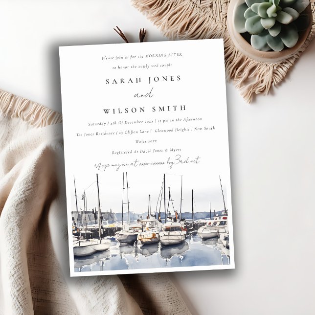 Muted Coastal Harbor Boats Seascape Morning After Invitation (Creator Uploaded)