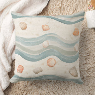 Muted Coastal Seashells Wave - Boho Beach Style Throw Pillow