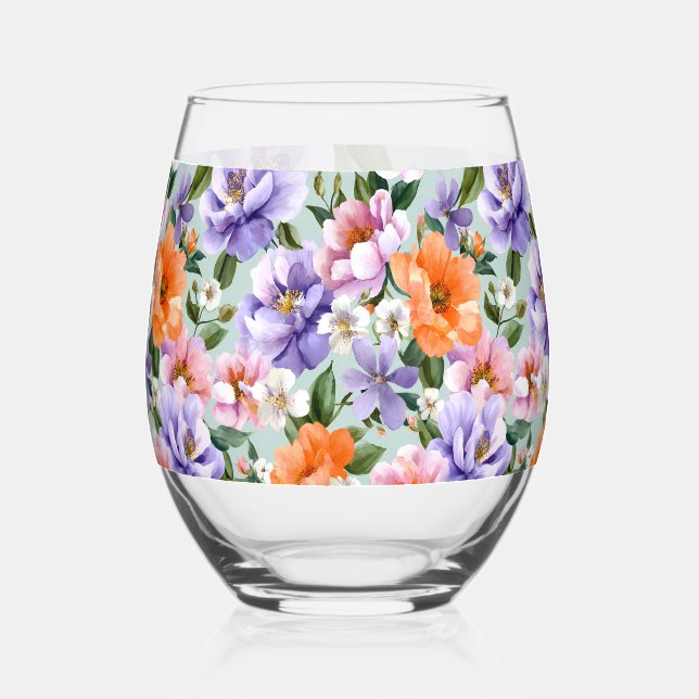 Muted Colorful Flowers Boho flower  Stemless Wine Glass (Front)