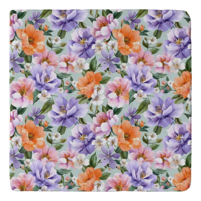 Muted Colorful Flowers Boho flower  Trivet (Front)