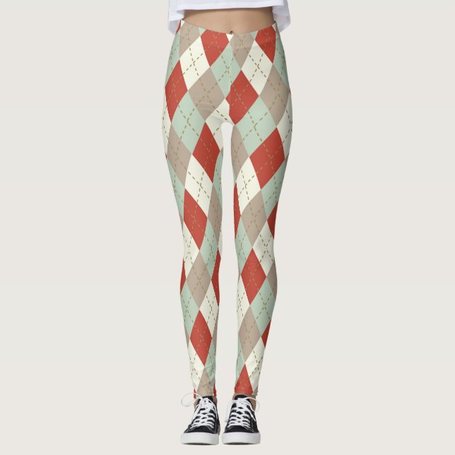 Muted Colors, Christmas Argyle Pattern Leggings (Front)