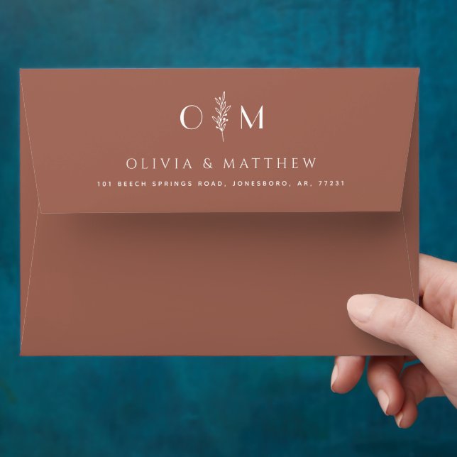 Muted Copper Wedding. Minimalist Floral Terracotta Envelope (Hand)