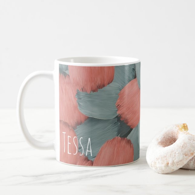 Muted Coral and Sage Brushstroke Coffee Mug (With Donut)