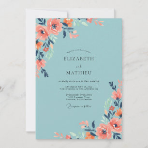 Muted Coral Aqua Blossom Wedding Invitation