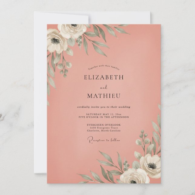 Muted Coral Leafy Wedding Invitation (Front)