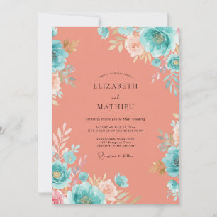 Muted Coral Turquoise Peony Wedding Invitation