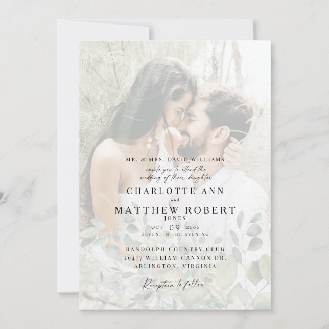 Muted Couple Photo Modern Foliage Wedding  Invitation (Front)