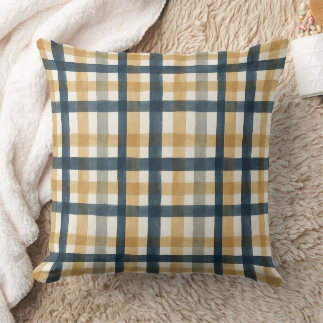 Muted creamy watercolor brush plaid pattern throw pillow (Blanket)