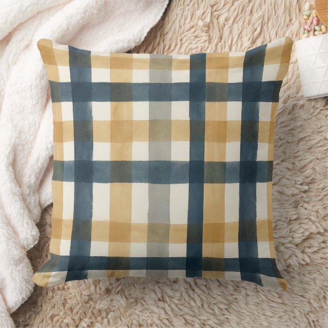 Muted creamy watercolor brush plaid pattern throw pillow (Blanket)