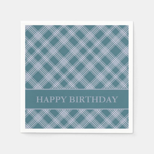 Muted Cyan Plaid Pattern Birthday Napkins (Front)