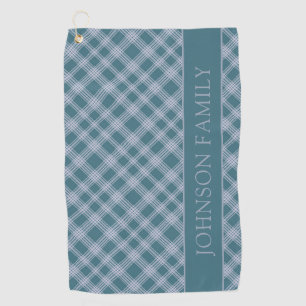 Muted Cyan Plaid Pattern Custom Name Golf Towel