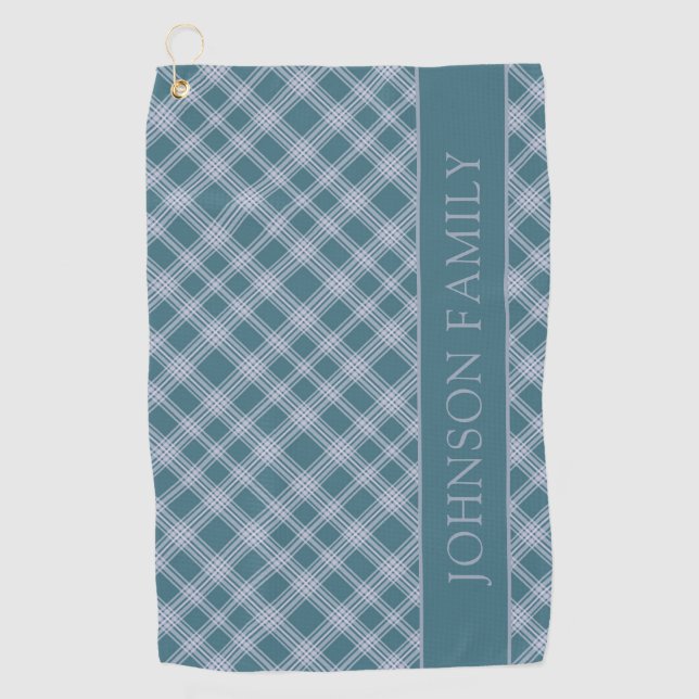 Muted Cyan Plaid Pattern Custom Name Golf Towel (Front)