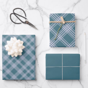 Muted Cyan Plaid Pattern Wrapping Paper Set