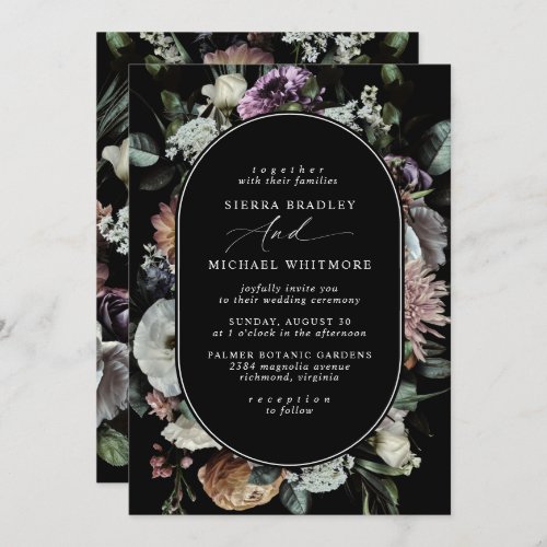 Muted Dark Floral  Elegant Black Moody Wedding Invitation