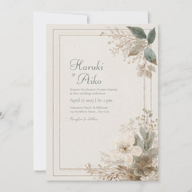 Muted Dusty Blue Neutral Floral Gold Frame Wedding Invitation (Front)