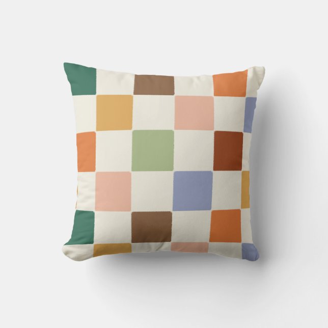 Muted Dusty Rainbow Checkerboard Pattern Throw Pillow (Front)