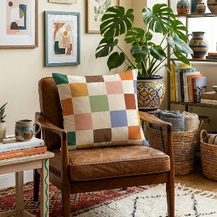 Muted Dusty Rainbow Checkerboard Pattern Throw Pillow