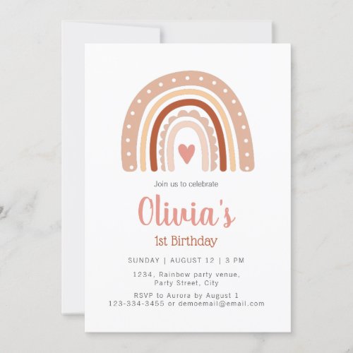 Muted Earthy Tone Boho Rainbow 1st Birthday  Invitation