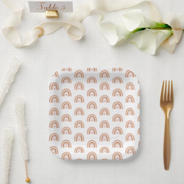 Muted Earthy Tone Boho Rainbow Kids Birthday   Paper Plates (Wedding)