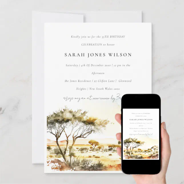 Muted Earthy Watercolor African Landscape Birthday Invitation | Zazzle