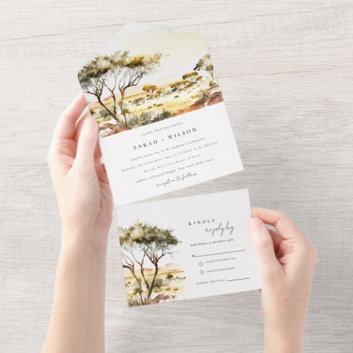 Muted Earthy Watercolor African Landscape Wedding All In One Invitation