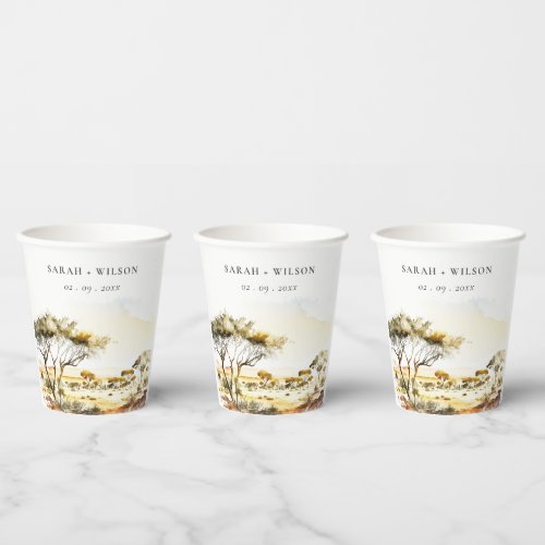 Muted Earthy Watercolor African Landscape Wedding Paper Cups