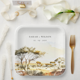 Muted Earthy Watercolor African Landscape Wedding Paper Plates