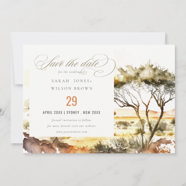 Muted Earthy Watercolor African Landscape Wedding Save The Date (Front)