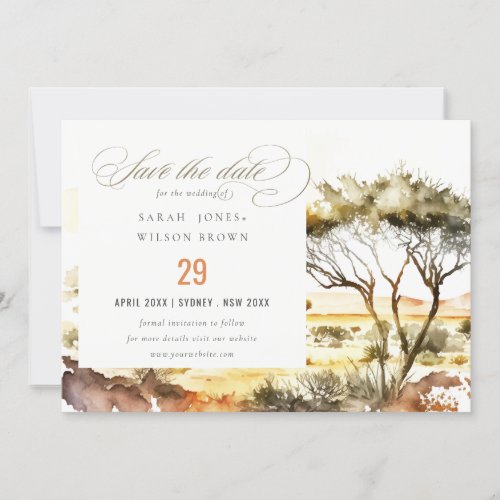 Muted Earthy Watercolor African Landscape Wedding Save The Date