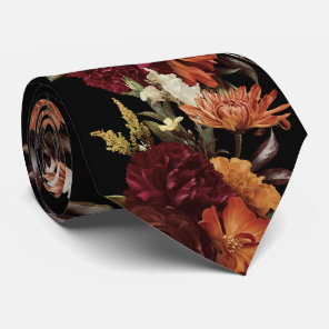Muted Fall, Orange & Red Floral Grooms Wedding Neck Tie