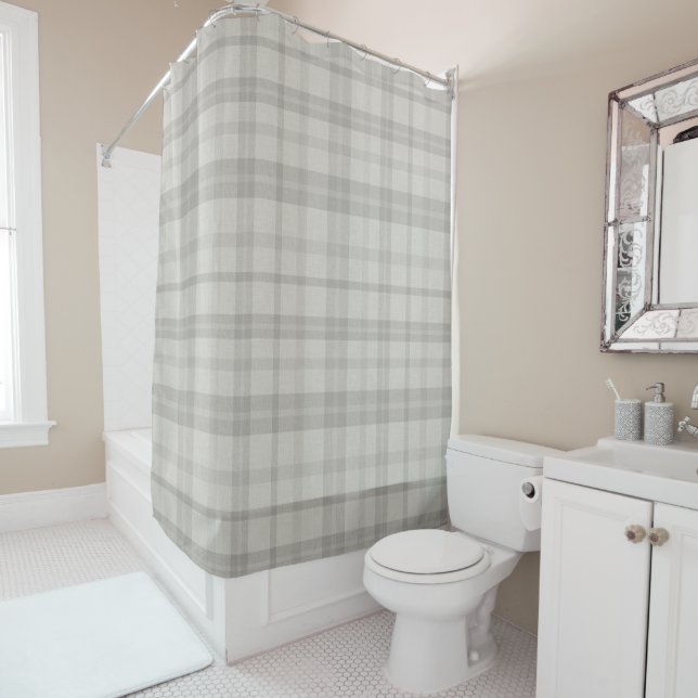 Muted Farmhouse Gray Plaid w/ Linen Texture Shower Curtain (In Situ)
