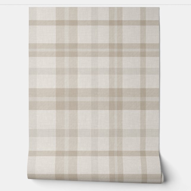 Muted Farmhouse Taupe Plaid w/ Linen Texture Wallpaper (Unrolling)
