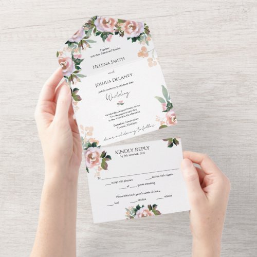 Muted floral all in one wedding invitation