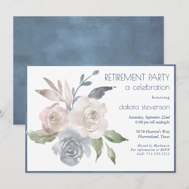 Muted Floral Bouquet | Blue Cream Pink Retirement Invitation (Front/Back)