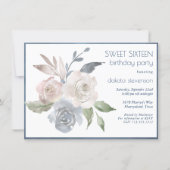 Muted Floral Bouquet | Blue Cream Pink Sweet 16 Invitation (Front)