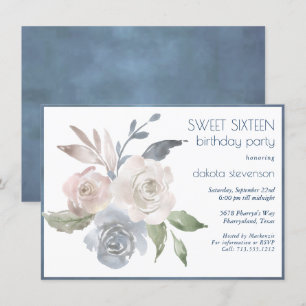 Muted Floral Bouquet Blue Cream Pink Sweet 16 Invitation