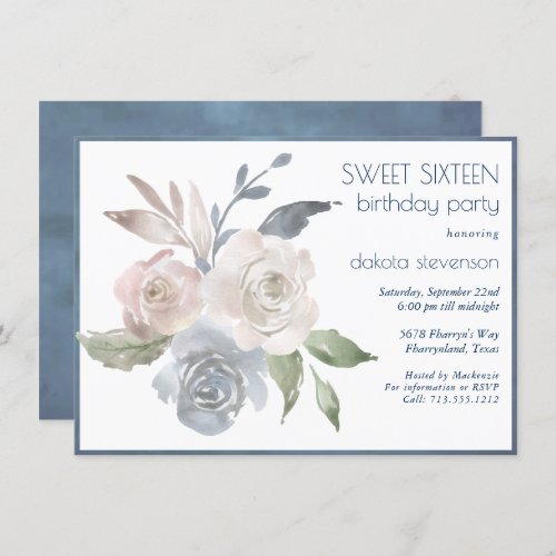 Muted Floral Bouquet  Blue Cream Pink Sweet 16 Invitation