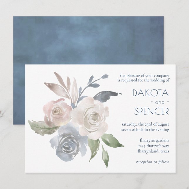 Muted Floral Bouquet | Blue Cream Pink Wedding Invitation (Front/Back)