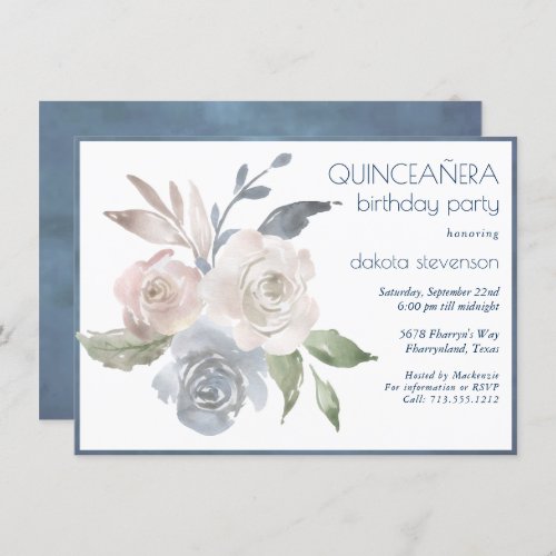 Muted Floral Bouquet  Blue Cream Quiceanera 15th Invitation