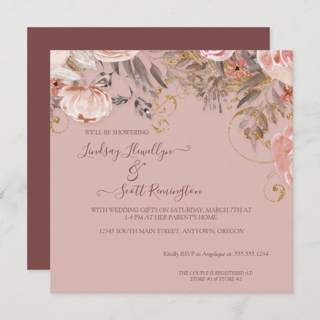 Muted Floral Foliage Rose Gold Boho Couples Shower Invitation (Front/Back)