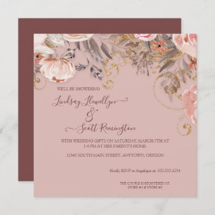 Muted Floral Foliage Rose Gold Boho Couples Shower Invitation