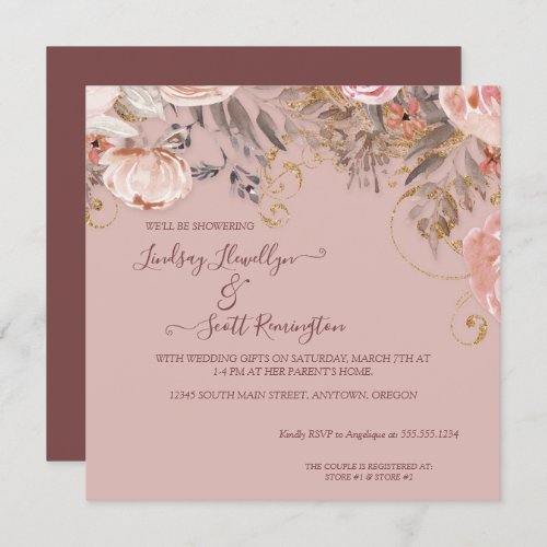 Muted Floral Foliage Rose Gold Boho Couples Shower Invitation