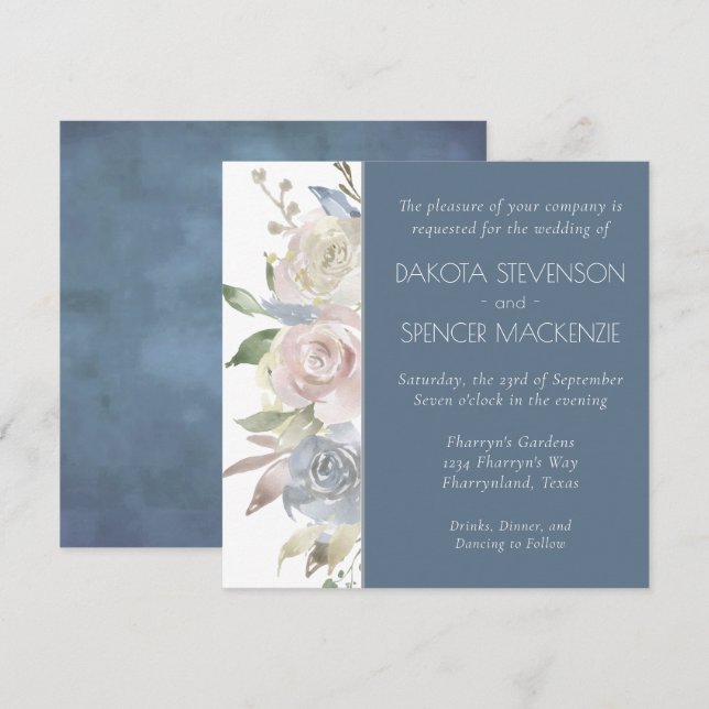 Muted Floral Garland | Pastel Blue Cream Wedding Invitation (Front/Back)