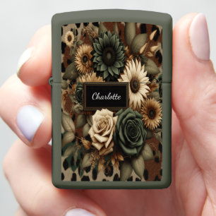 Muted Floral Leopard Frame Zippo Lighter