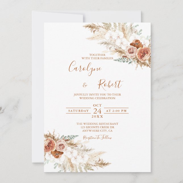 Muted Floral Pampas Grass Wedding All In One Invitation (Front)