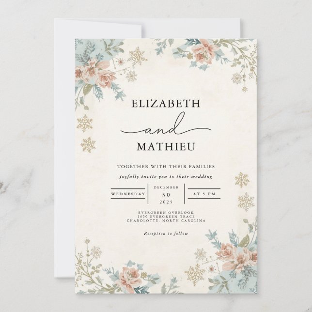 Muted Floral Winter Botanical Wedding Invitation (Front)